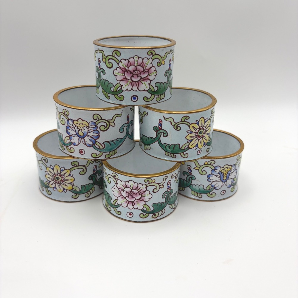 Vintage Enamel Floral Napkin Rings Set of 6 Gold Trim Cottagecore Table Decor